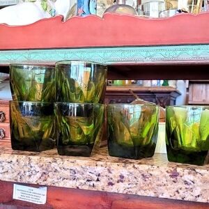 Vintage Mid Century Set of Avocado Green Glass Tumblers